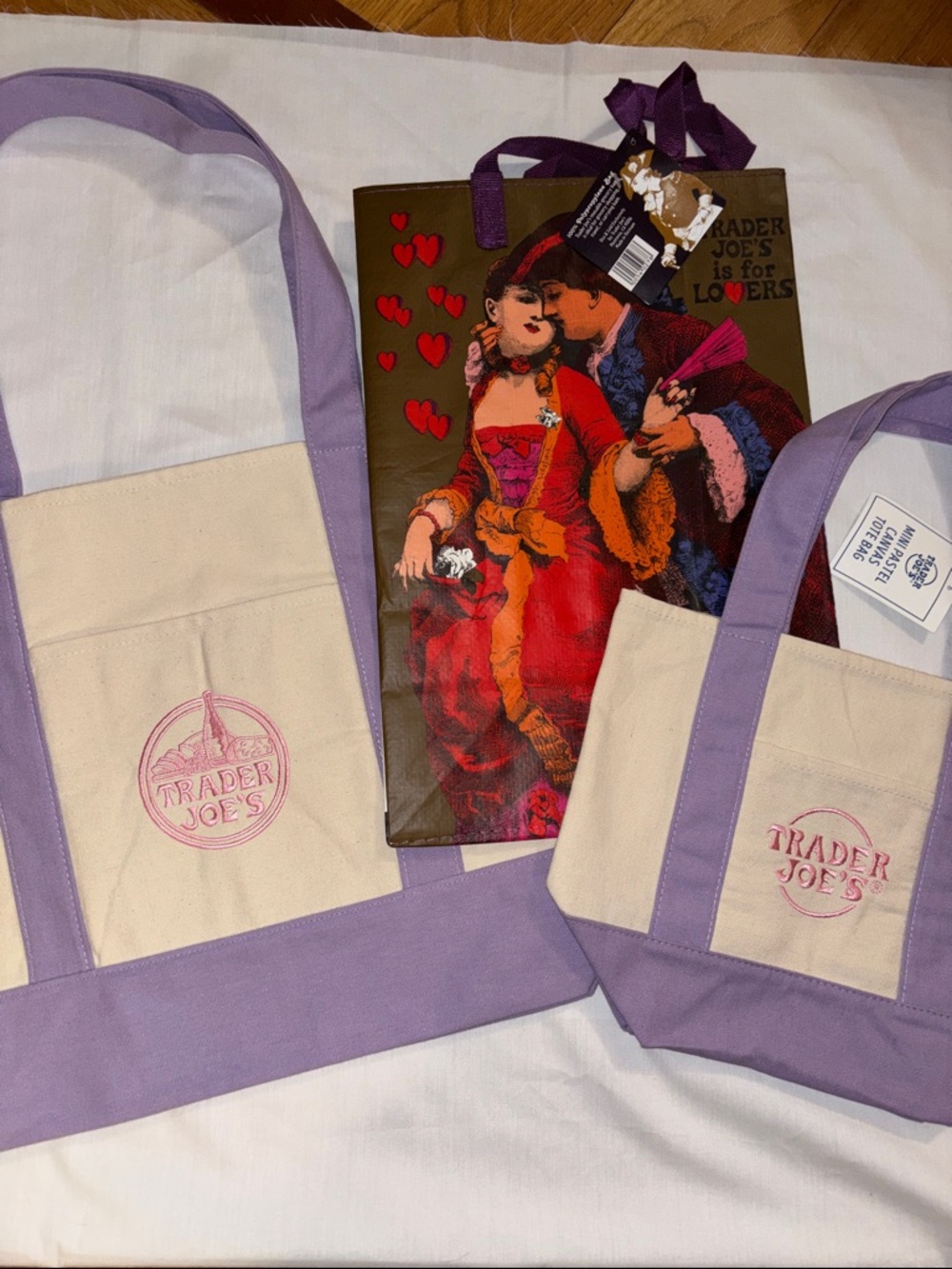Trader Joe's Lavender & Cream Canvas Tote Large and Mini and Bonus Virginia Bag!